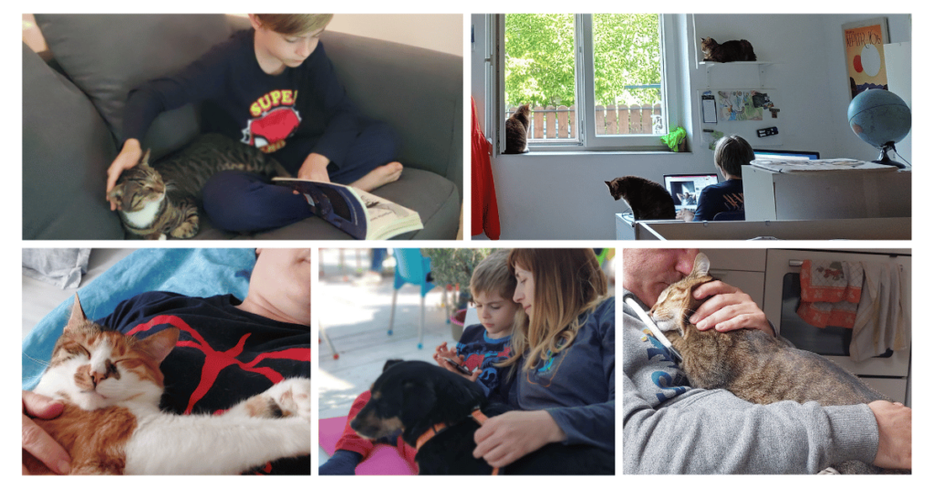 Photos of the family—author, Ivan, and Nina—in tender moments with their pets