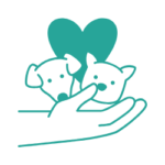 Pet care advocate icon with human hand carries dog and cat with heart behind