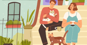 Vector graphic of a man holding a cat and sitting with a woman holding a cup, with another cat walking in the garden in front of a house wall