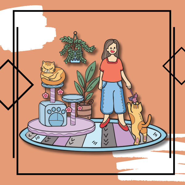 Woman playing with a cat, another cat on a climbing tree, with plants in a cozy home setting