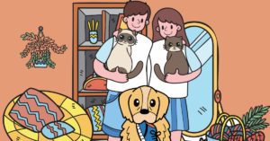 Couple holding their cats in a new living room, with a dog playfully holding a shoe, representing a joyful transition to a new home